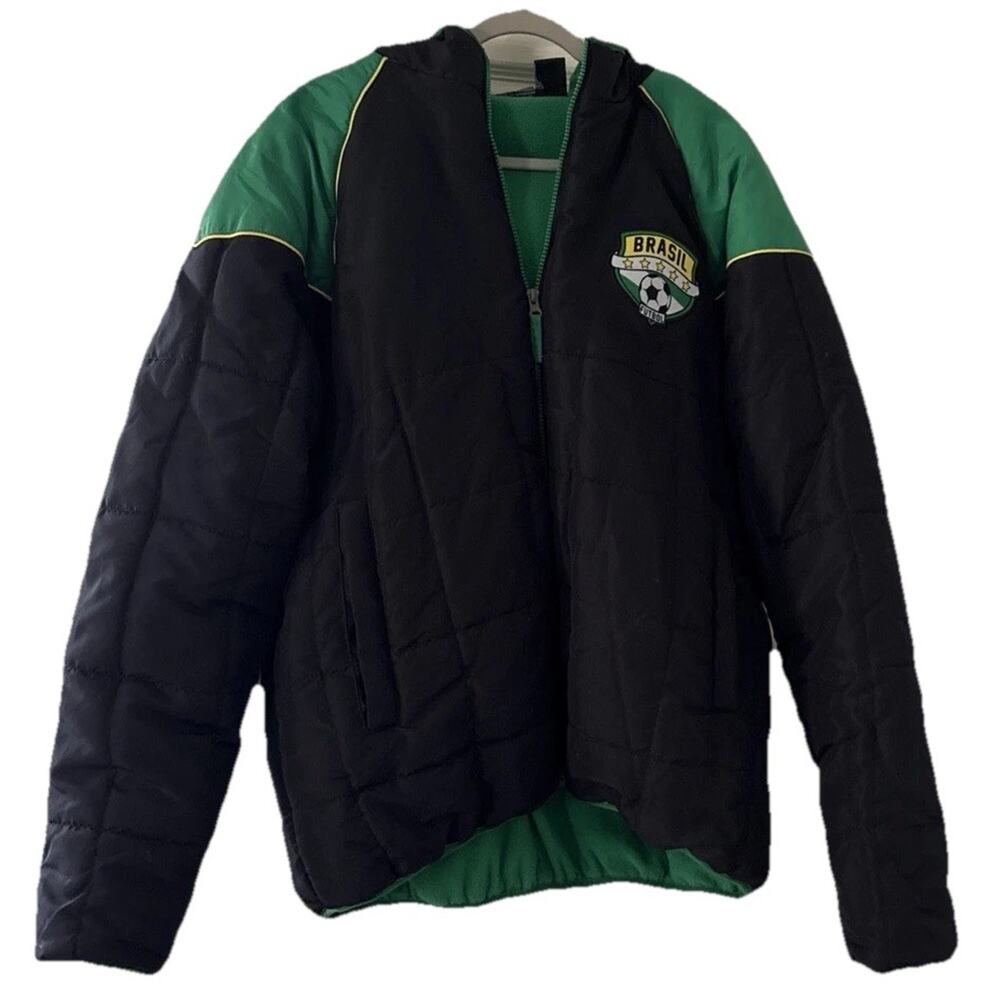 Sport Essentials Mens Size XL Brasil Brazil Soccer Puffer Jacket Full Zip Black